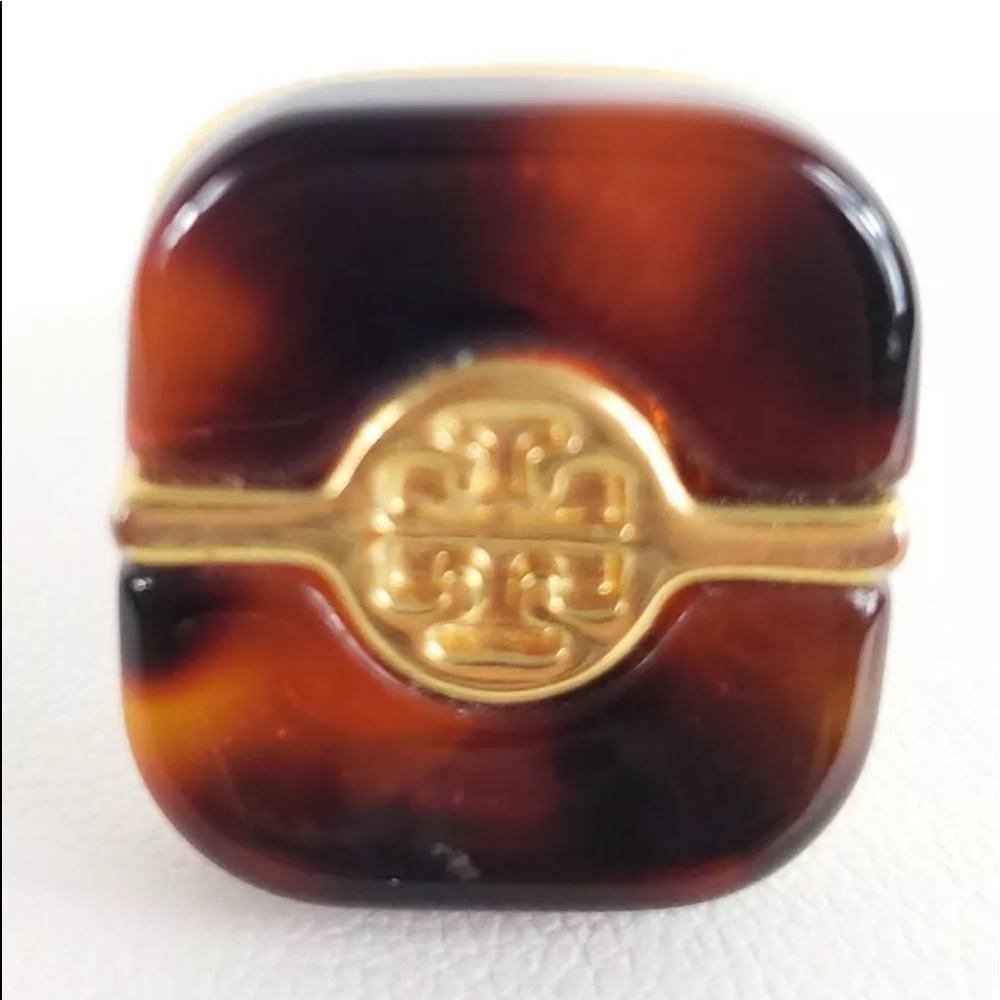 TORY BURCH GOLD PLATED TORTOISE SHELL LOGO RING